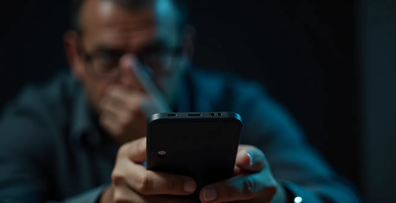 Mano sosteniendo un smartphone con notificaciones abstractas y una expresión de preocupación en el rostro de fondo.