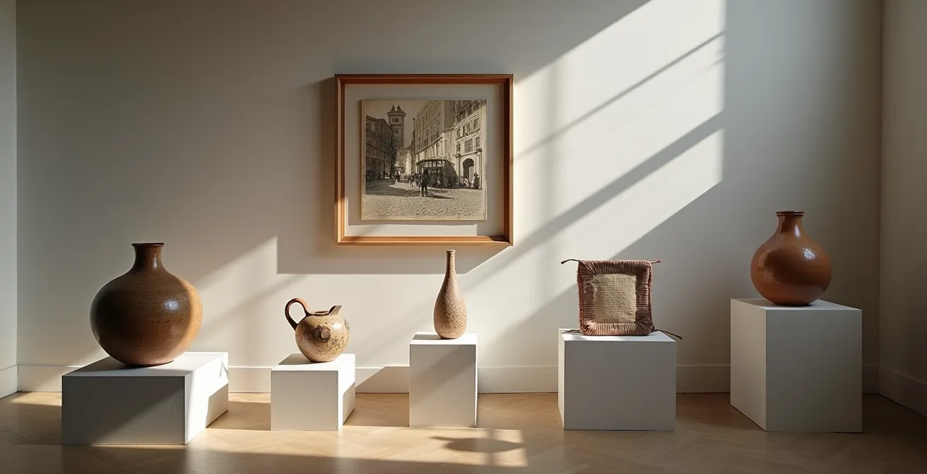 Composición de ocho obras de arte de diferentes materiales y orígenes españoles que crean una narrativa visual coherente.