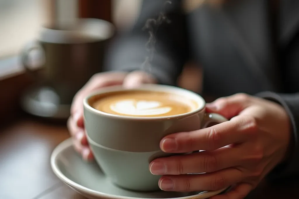 Profesional tomando café de manera consciente en zona de descanso de oficina española