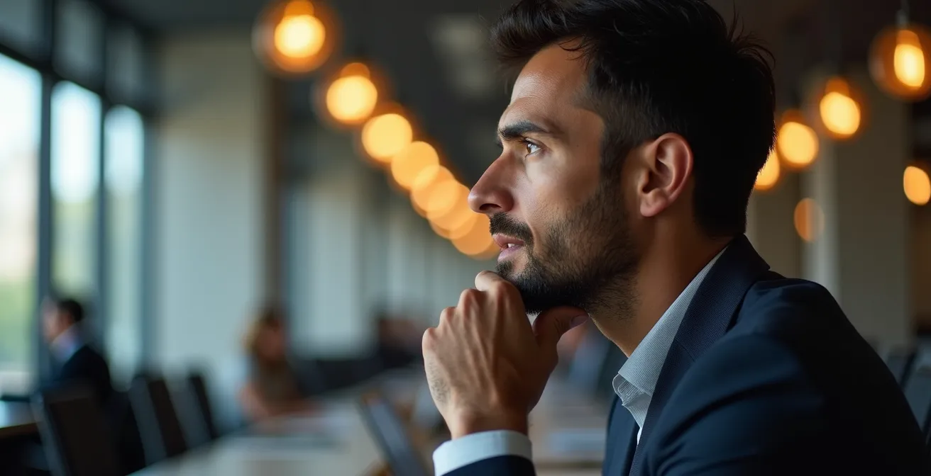 Metáfora visual del pensamiento de segundo nivel en inversiones, con un analista financiero español concentrado.