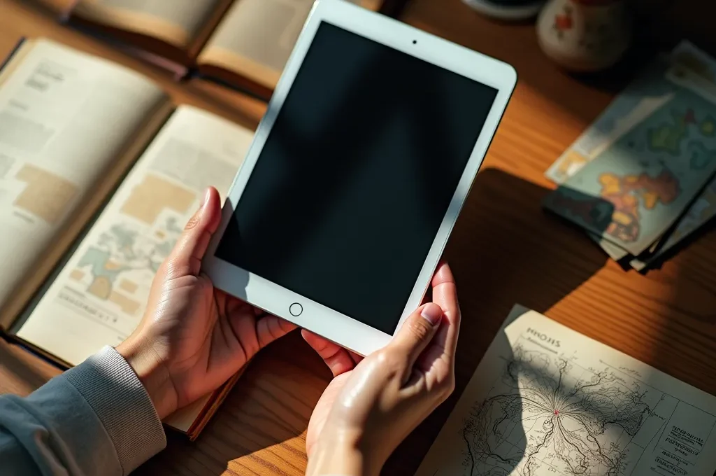 Persona consultando información histórica en tablet antes de visitar monumento