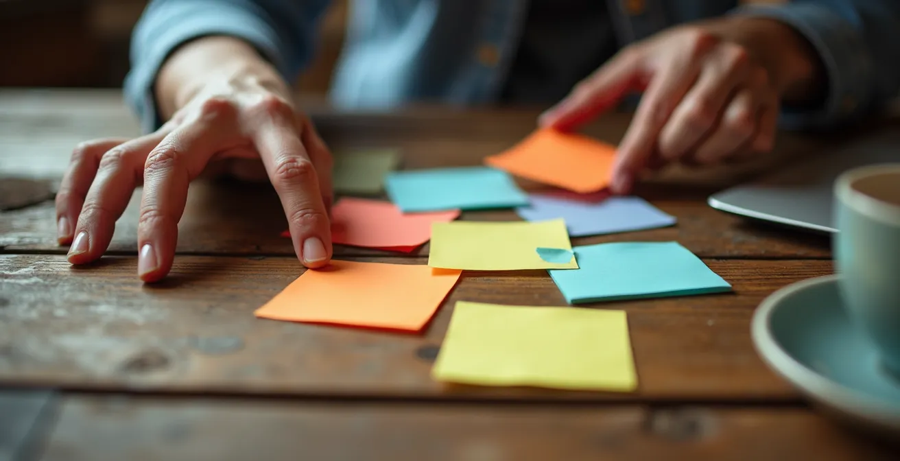 Manos de un profesional escribiendo ideas en papeles coloridos sobre una mesa de madera con una taza de café, en pleno proceso de brainstorming para descubrir su valor único.