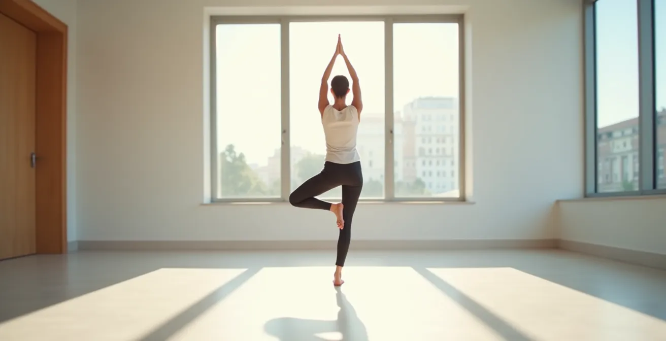 Ejecutivo practicando postura de yoga en espacio de oficina abierto con luz natural