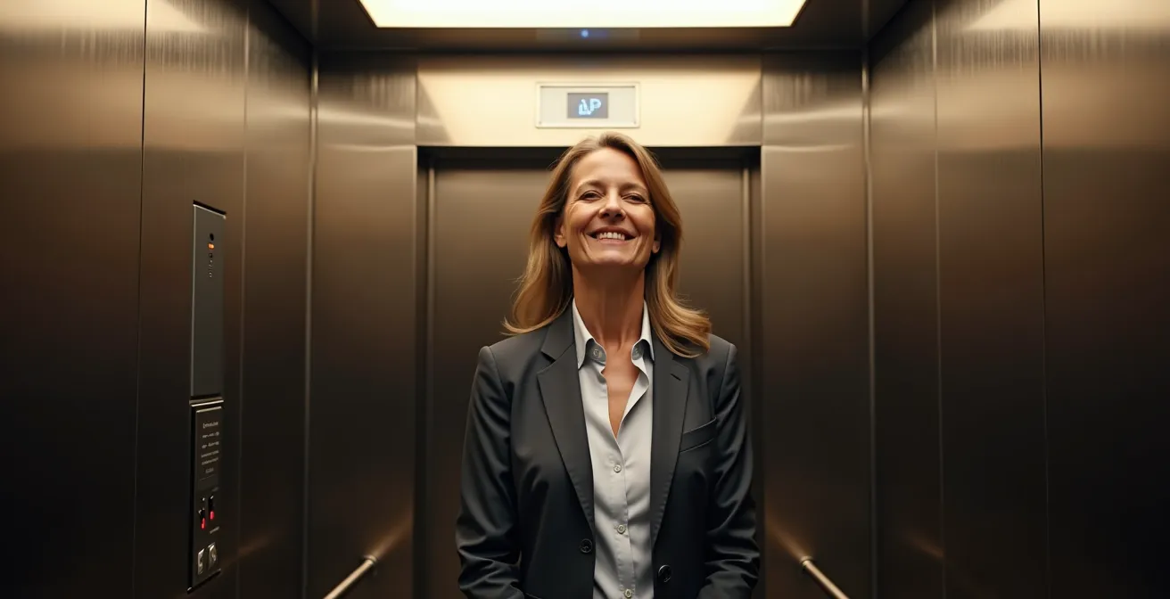 Persona practicando respiración consciente discretamente en ascensor de oficina