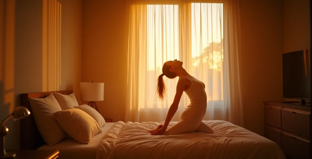 Dormitorio español con simulación de amanecer gradual, persiana subiendo automáticamente y luz cálida entrando suavemente