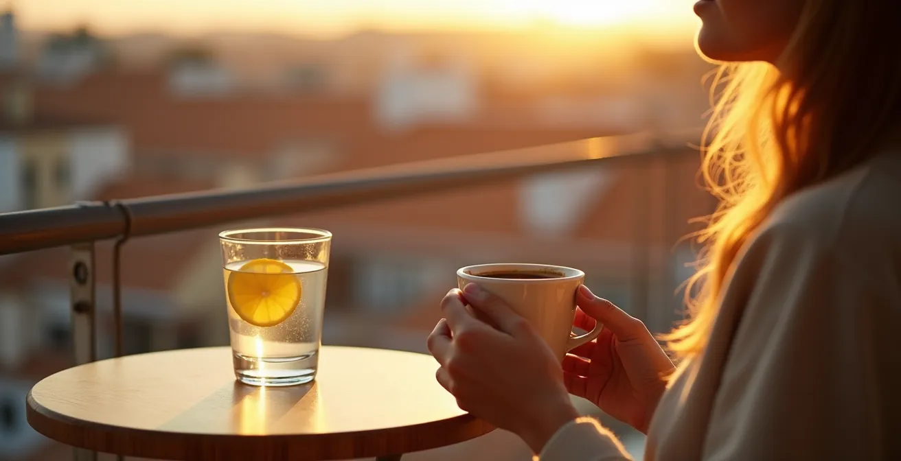 Profesional español realizando rutina matinal rápida con café y luz natural en el balcón