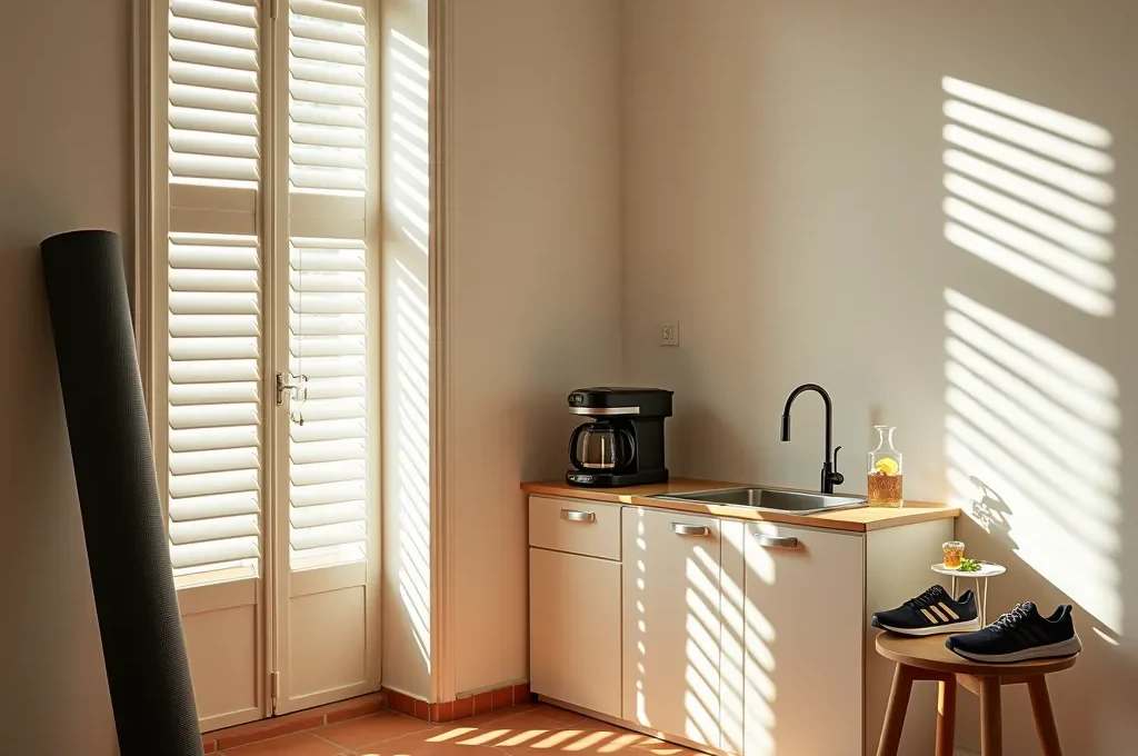 Espacio matutino español con elementos de bienestar minimalista