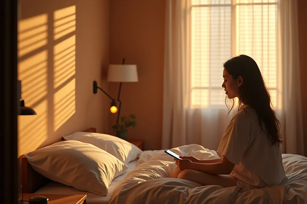 Dormitorio moderno con sensor de presión en cama activando luces suaves al amanecer