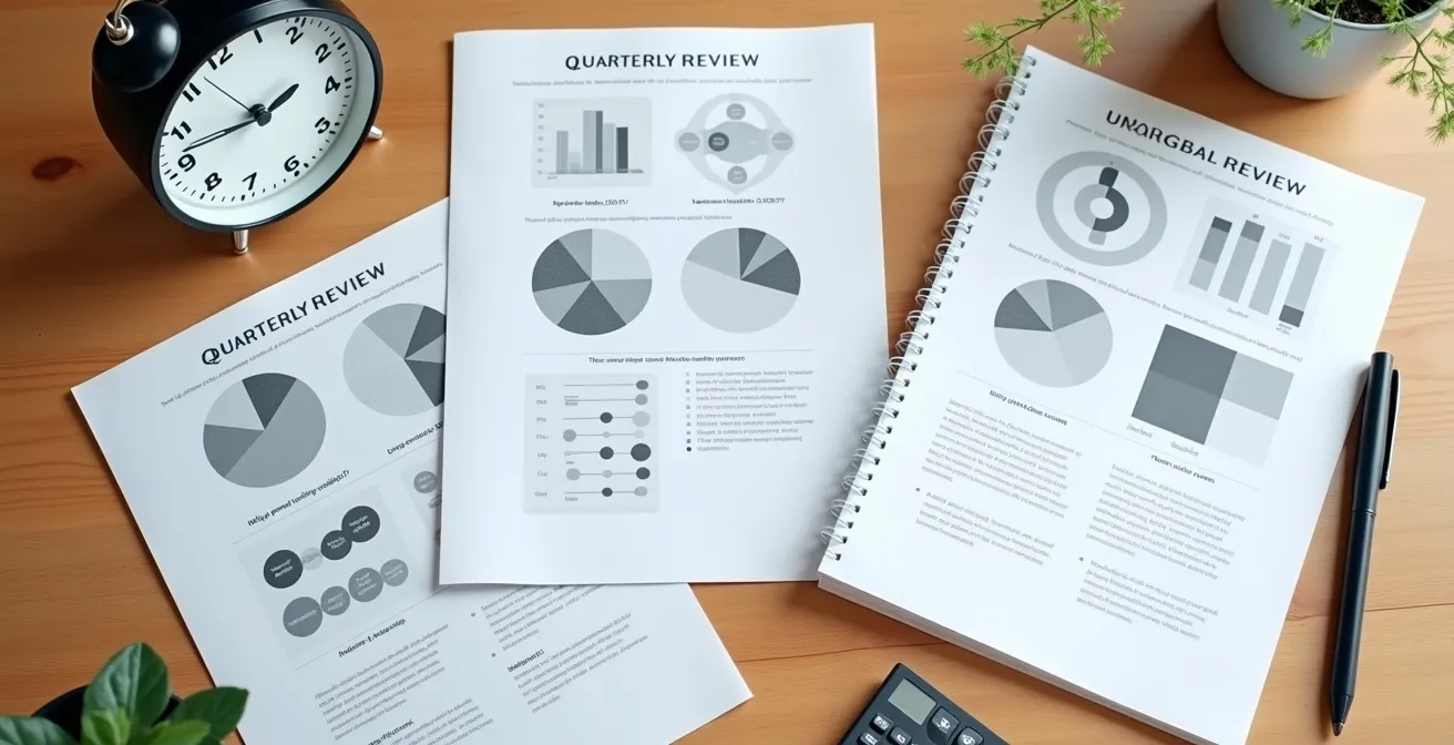 Mesa de trabajo organizada con documentos de revisión trimestral y calendario marcado