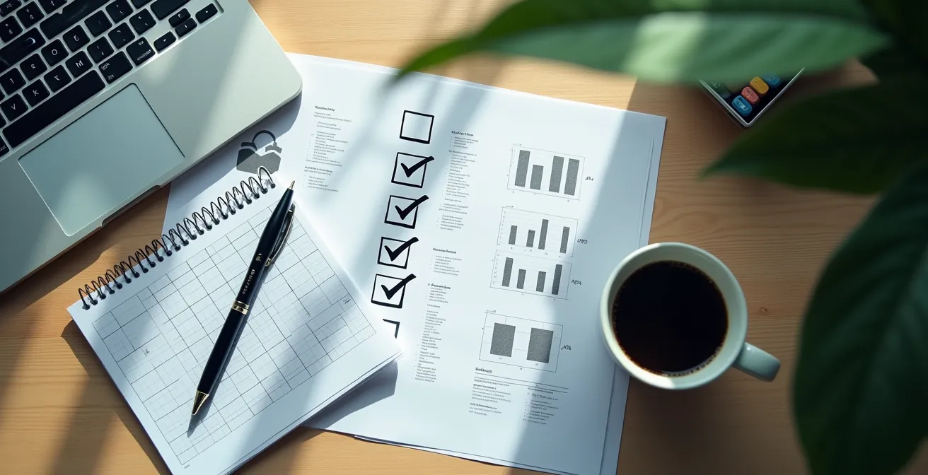 Vista cenital de escritorio con checklist impreso y documentos financieros organizados