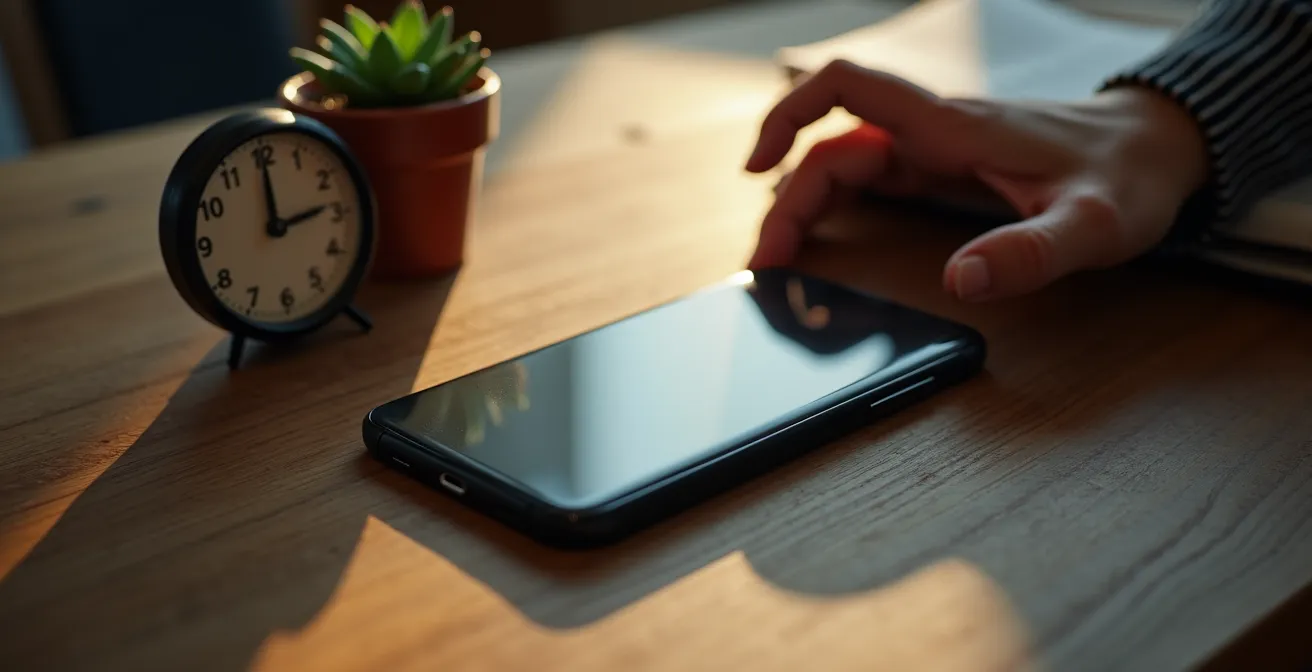 Smartphone boca abajo sobre mesa con planta al lado simbolizando desconexión