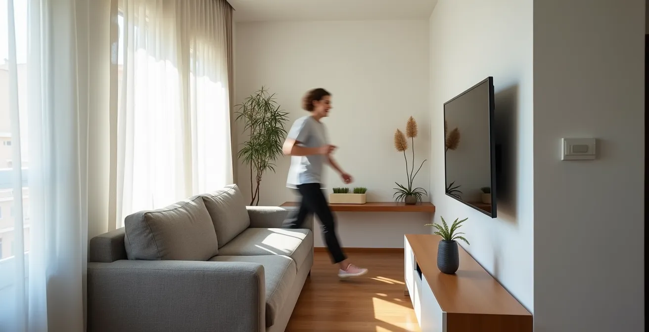 Salón español con sofá separado de la pared creando un pasillo de circulación funcional