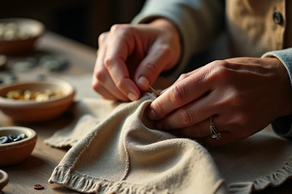 Artesano español reparando ropa en taller tradicional con herramientas de costura