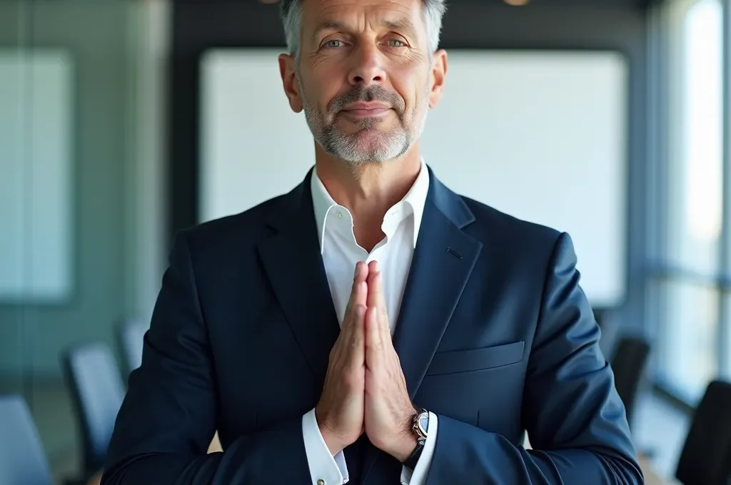 Profesional aplicando técnica de respiración antes de presentación en sala de reuniones