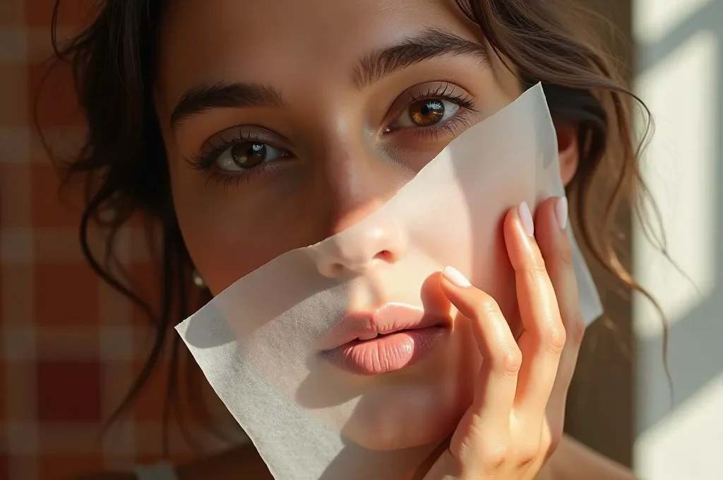 Mano realizando test de papel secante en rostro con diferentes zonas marcadas