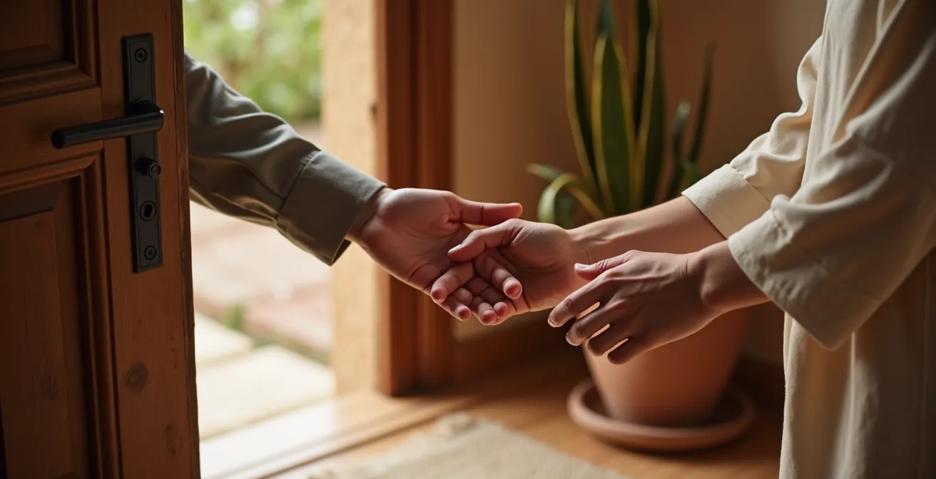 Composición de puntos de contacto táctiles en un hogar español con detalles de madera de olivo y corcho