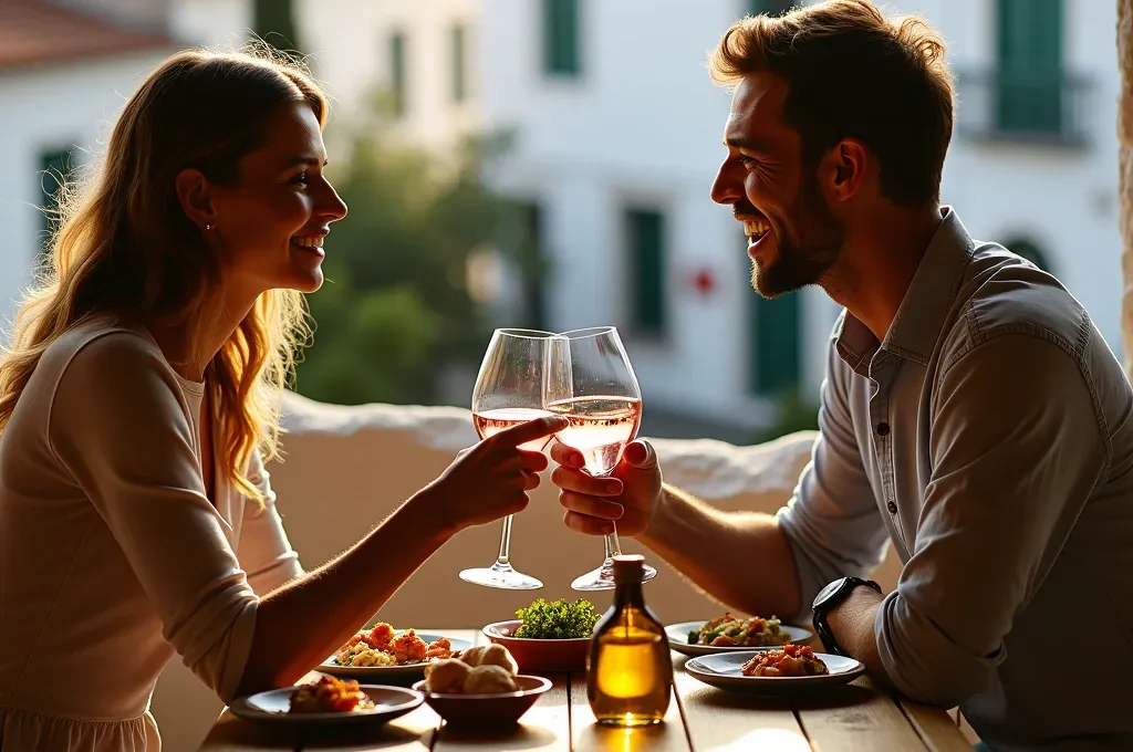 Pareja cenando en terraza con vistas a pueblo blanco andaluz al atardecer