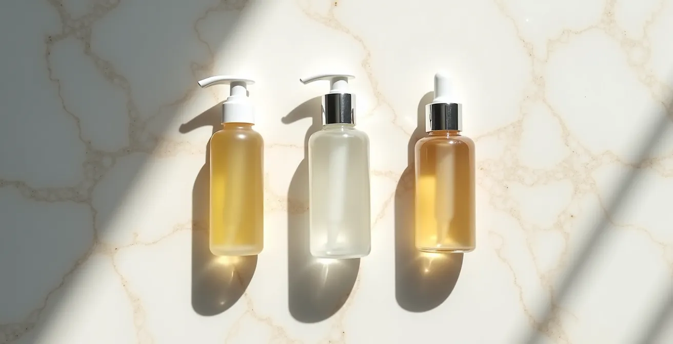 Composición minimalista con tres productos de skincare sobre superficie de mármol