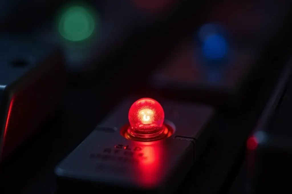 Detalle macro de varios indicadores LED de aparatos electrónicos brillando en la oscuridad de la noche