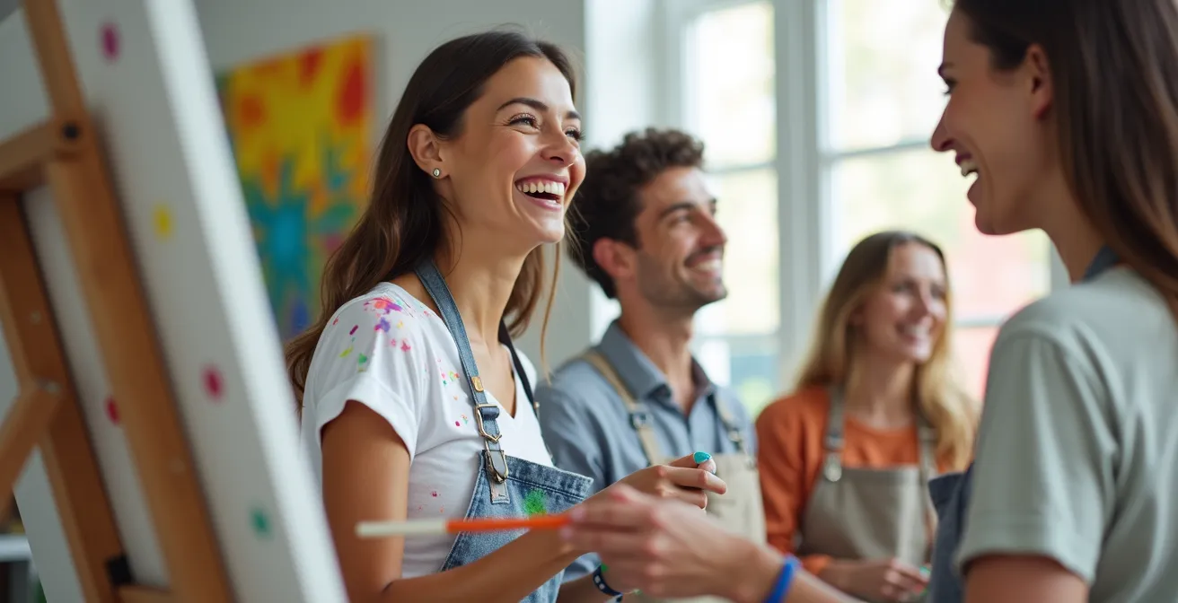 Grupo de adultos riendo mientras pintan en un taller artístico