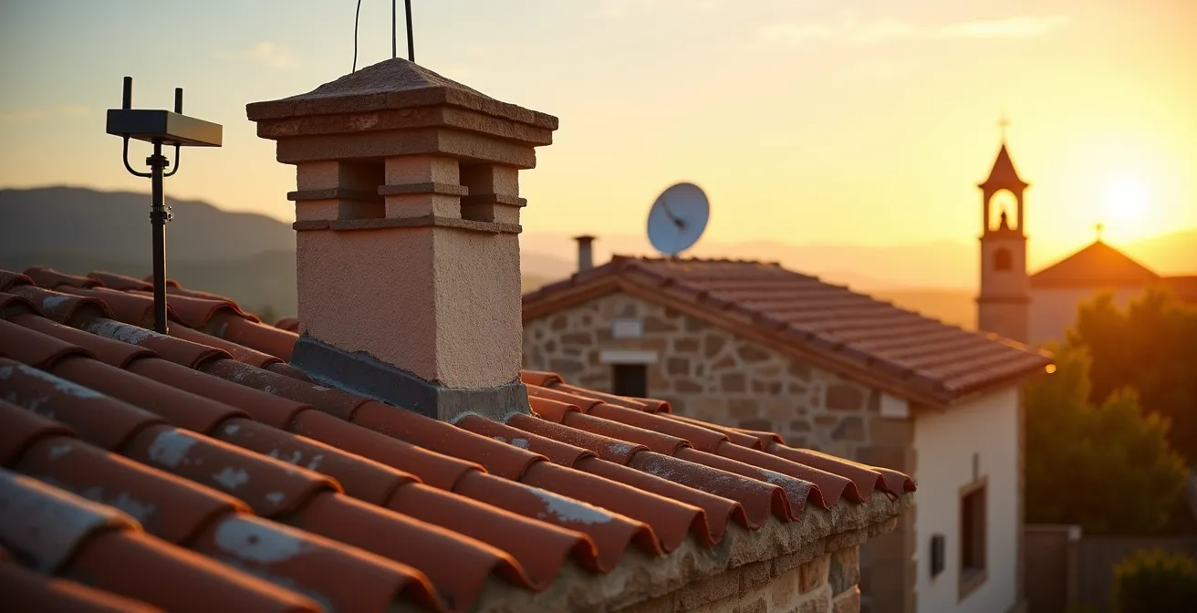 Antena de radioenlace profesional en tejado de casa rural española