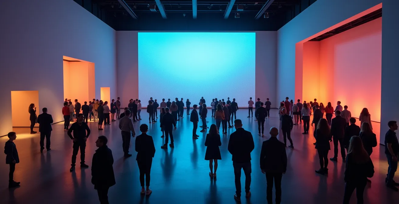 Vista amplia de sala de exposición inmersiva mostrando zonas vacías y espacios con visitantes