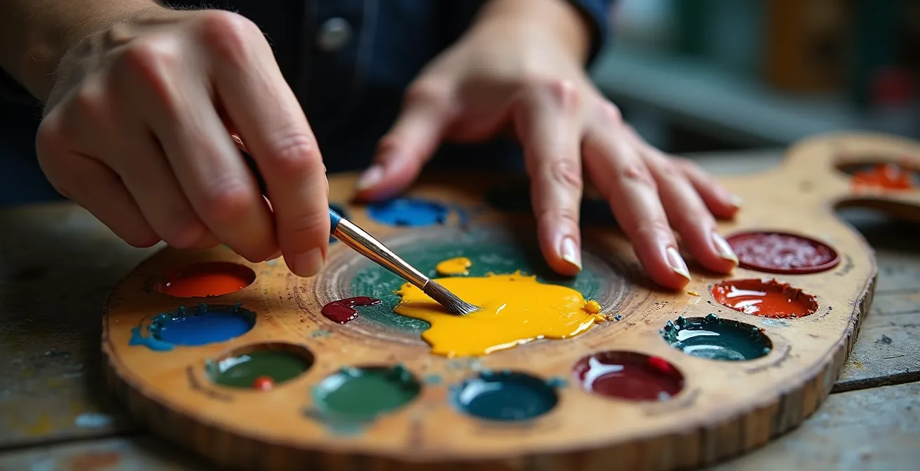 Primer plano de manos de artista mezclando colores en paleta con pinceles y óleos