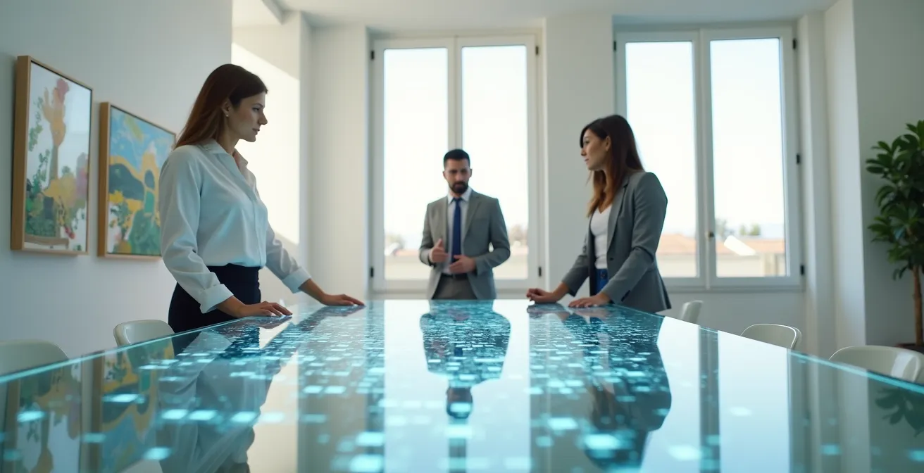 Asesor financiero profesional en reunión con cliente mostrando gráficos abstractos en mesa de cristal