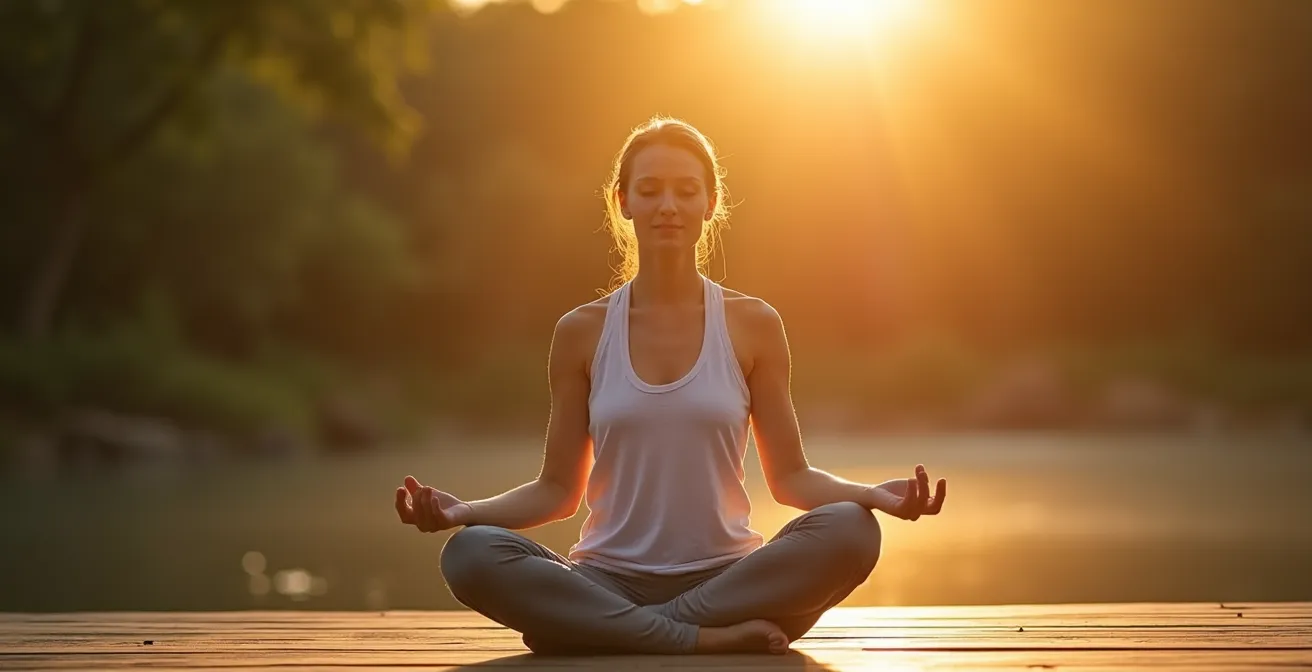 Persona meditando en un entorno natural sin dispositivos digitales visibles