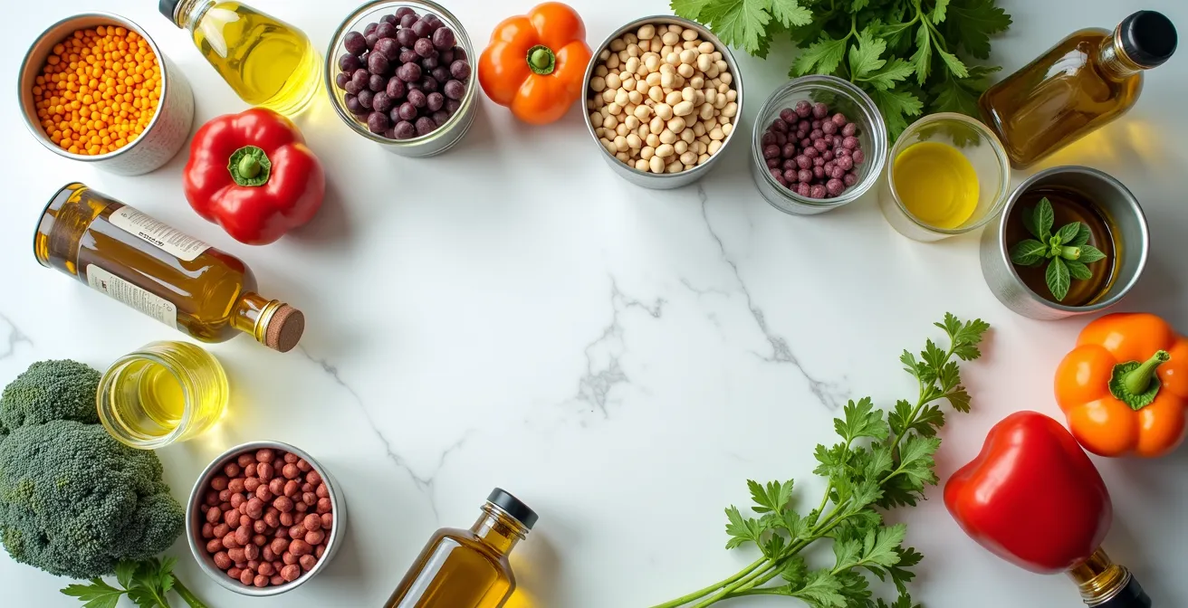 Mesa de cocina con ingredientes mediterráneos preparados para batch cooking