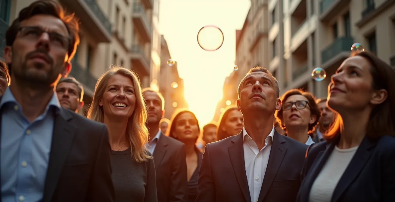 Multitud de inversores mirando hacia arriba con expresiones de euforia y codicia en un ambiente de mercado alcista
