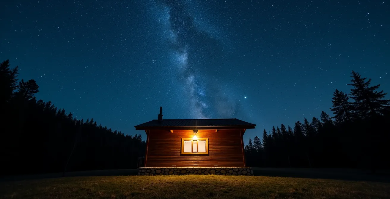 Cabaña aislada para observación astronómica en paraje natural nocturno