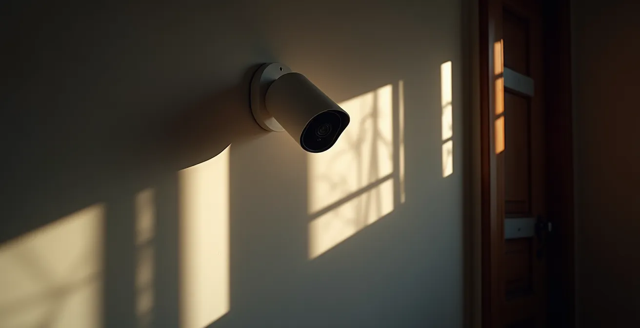 Cámara de seguridad moderna instalada en esquina interior con luz indicadora y sombras dramáticas