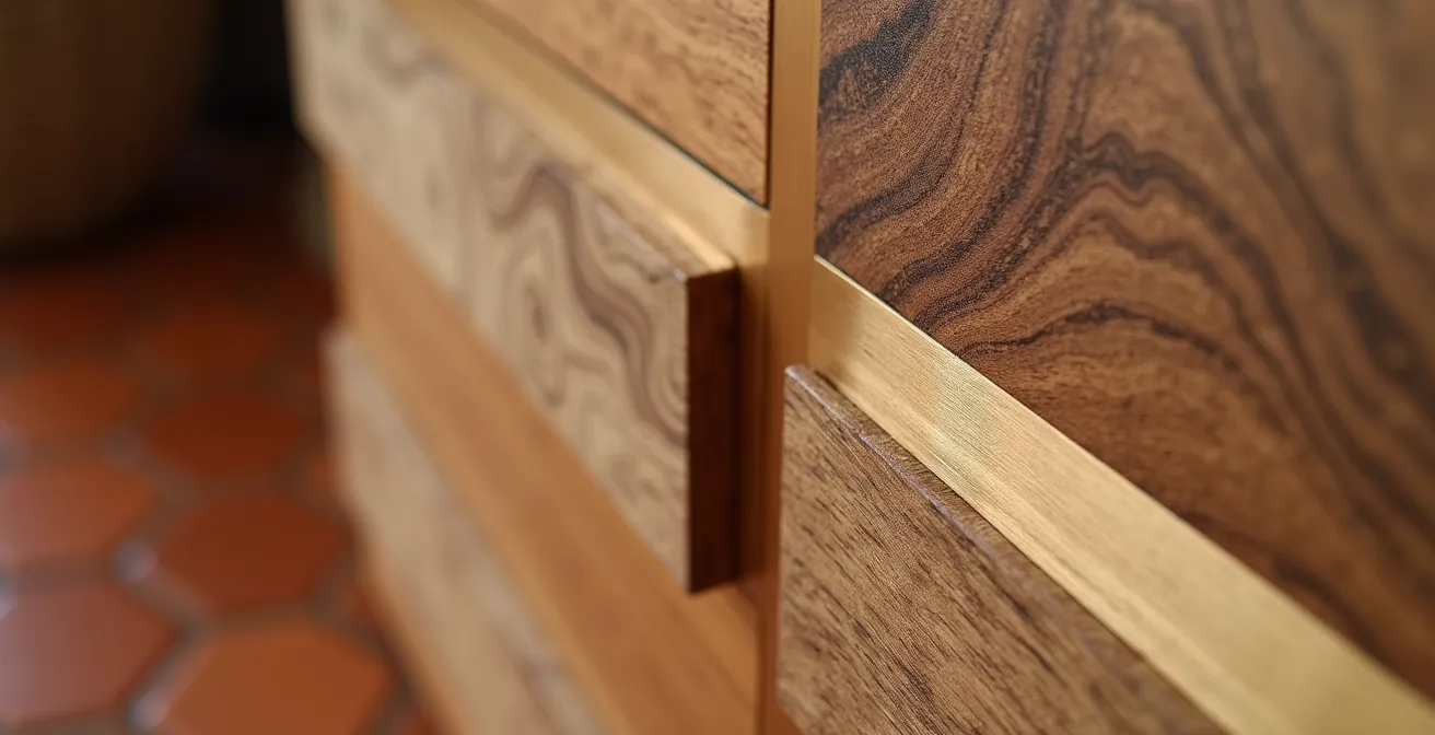 Detalle de muebles combinando madera de roble y nogal con acentos metálicos