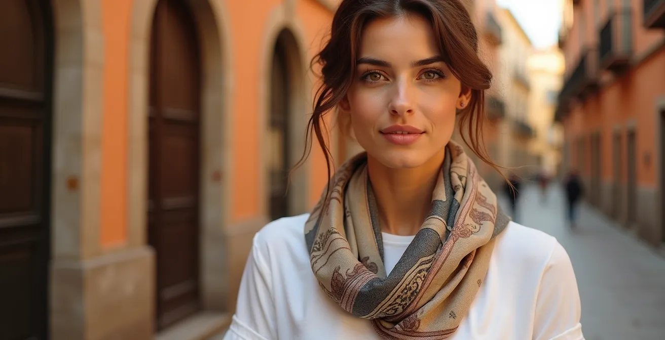 Conjunto de moda combinando pieza vintage con básicos modernos en ambiente urbano español