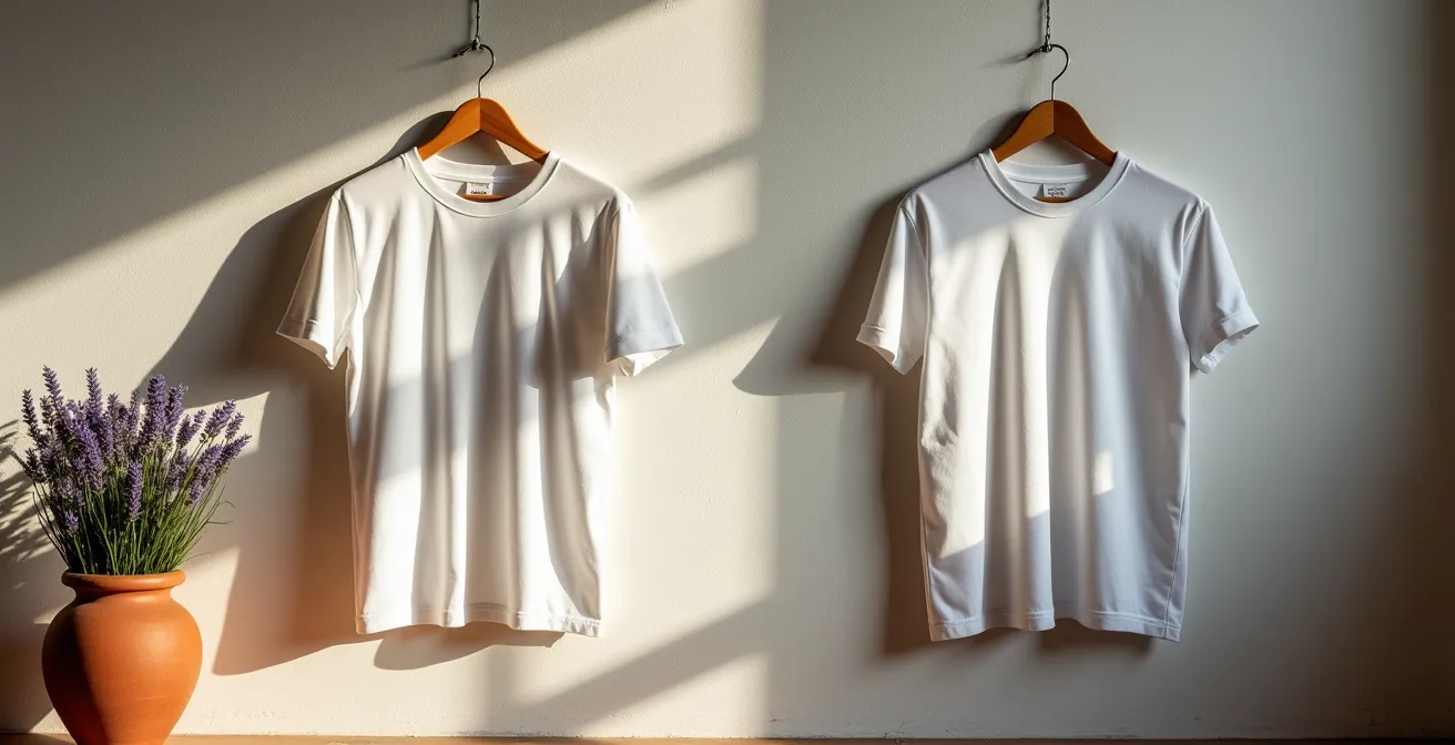 Dos camisetas colgadas mostrando diferencias de calidad en tejido y confección
