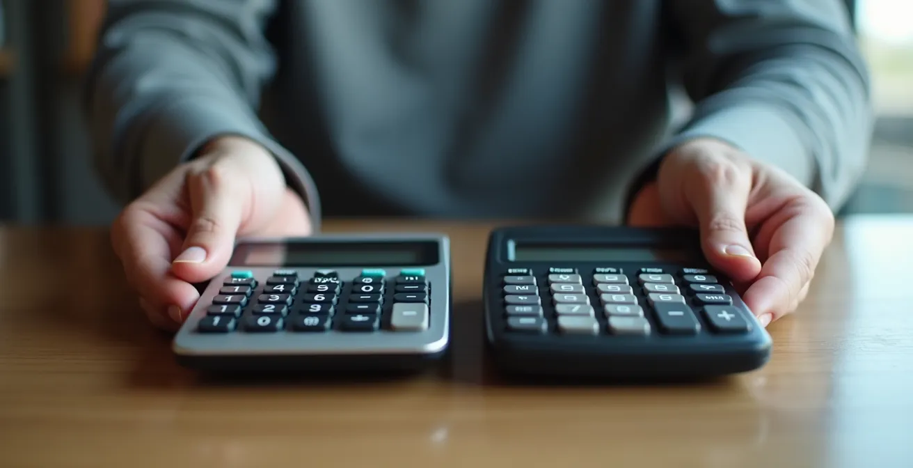 Manos comparando dos calculadoras con pantallas mostrando diferentes resultados
