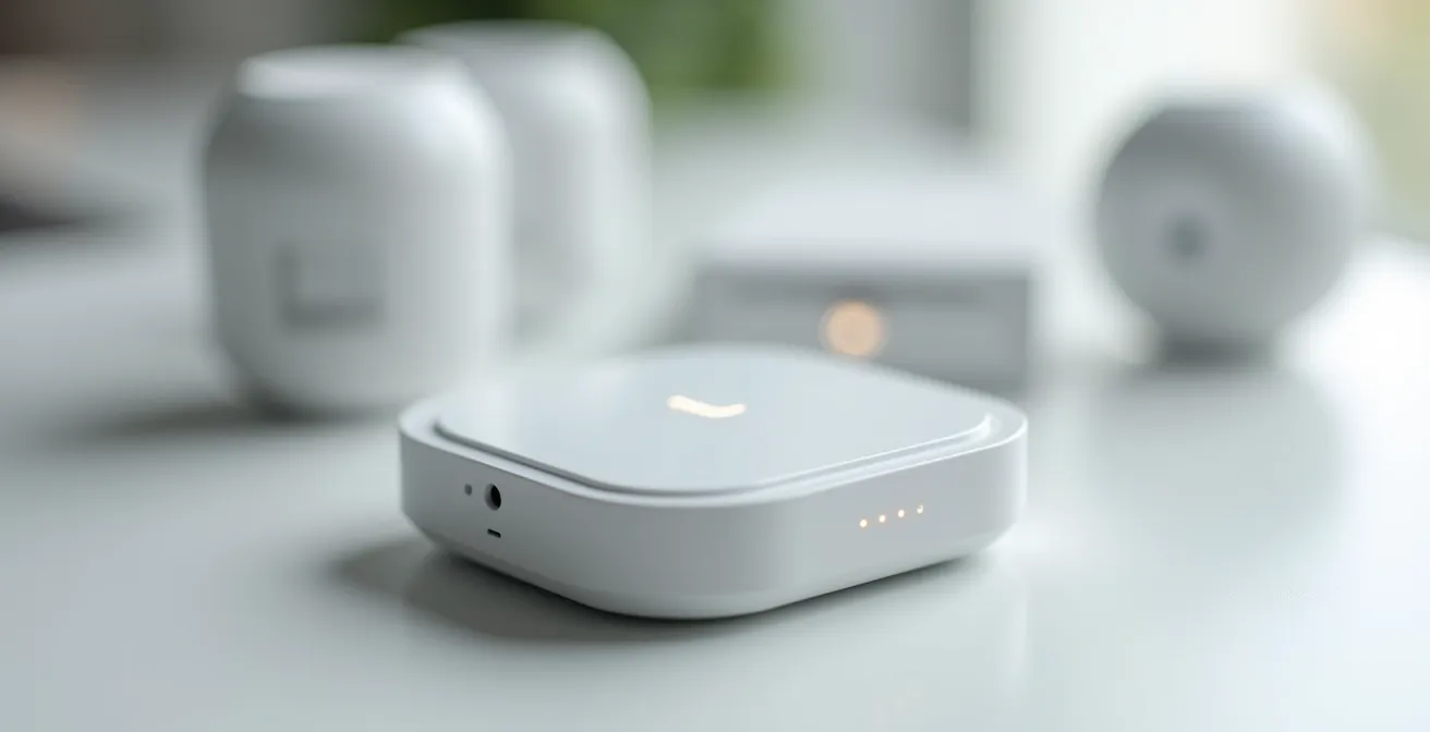 Vista macro de dispositivos domóticos con diferentes tecnologías de conectividad