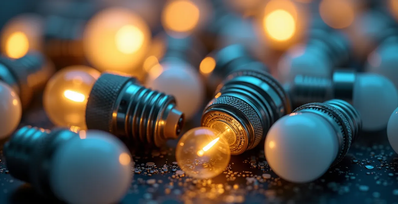 Composición macro de bombillas inteligentes con texturas de circuitos y patrones de luz