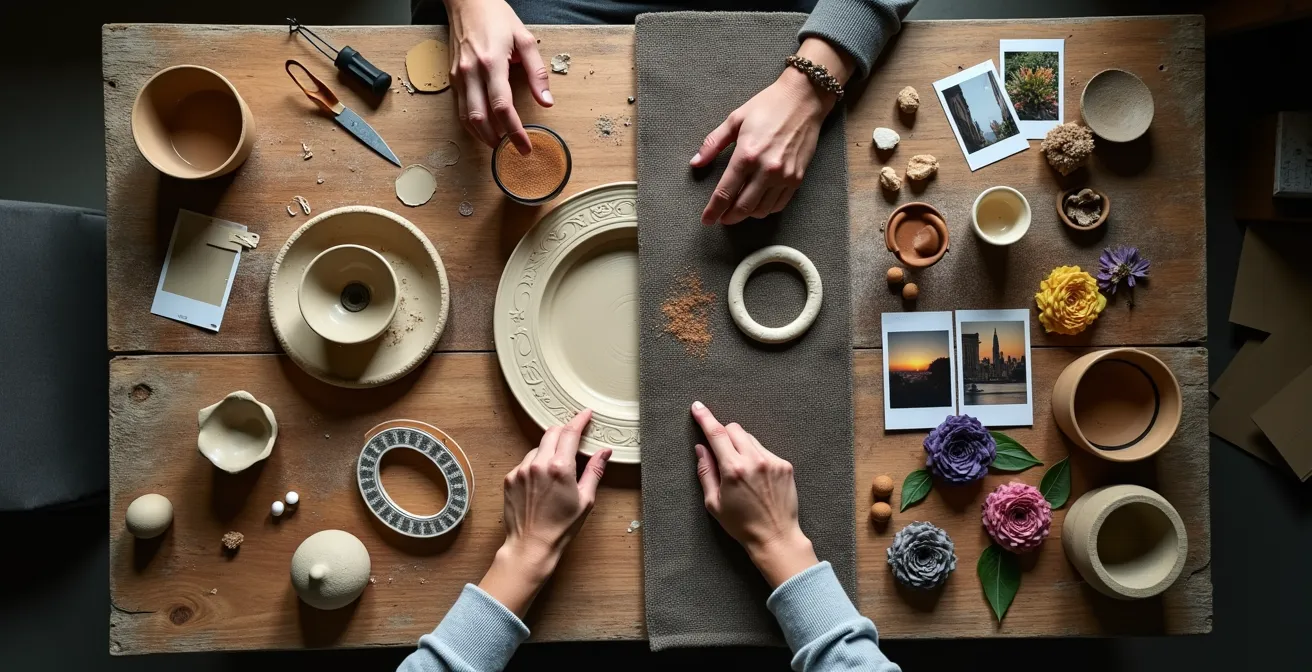 Mesa dividida mostrando un taller de cerámica artesanal a la izquierda y un evento superficial de redes sociales a la derecha