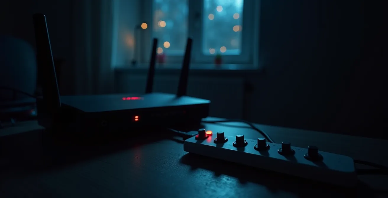 Vista nocturna de salón español con múltiples dispositivos en modo standby