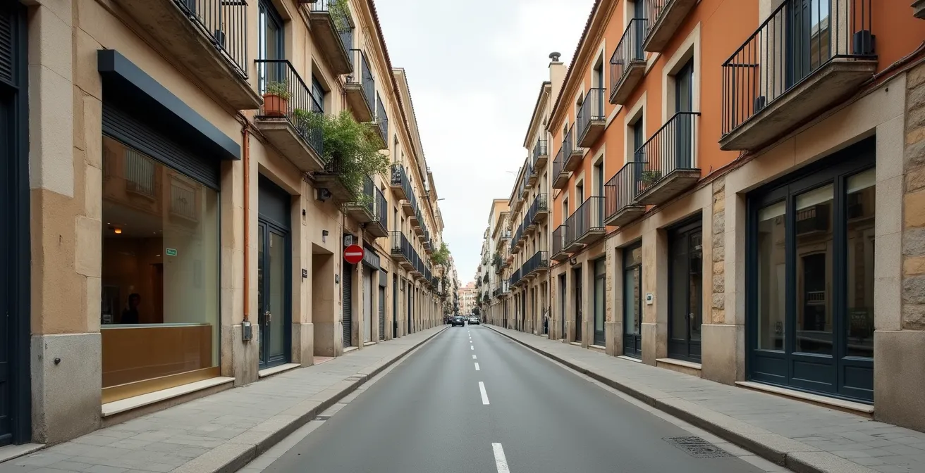 Vista amplia de calle con arquitectura tradicional española y nuevos negocios modernos