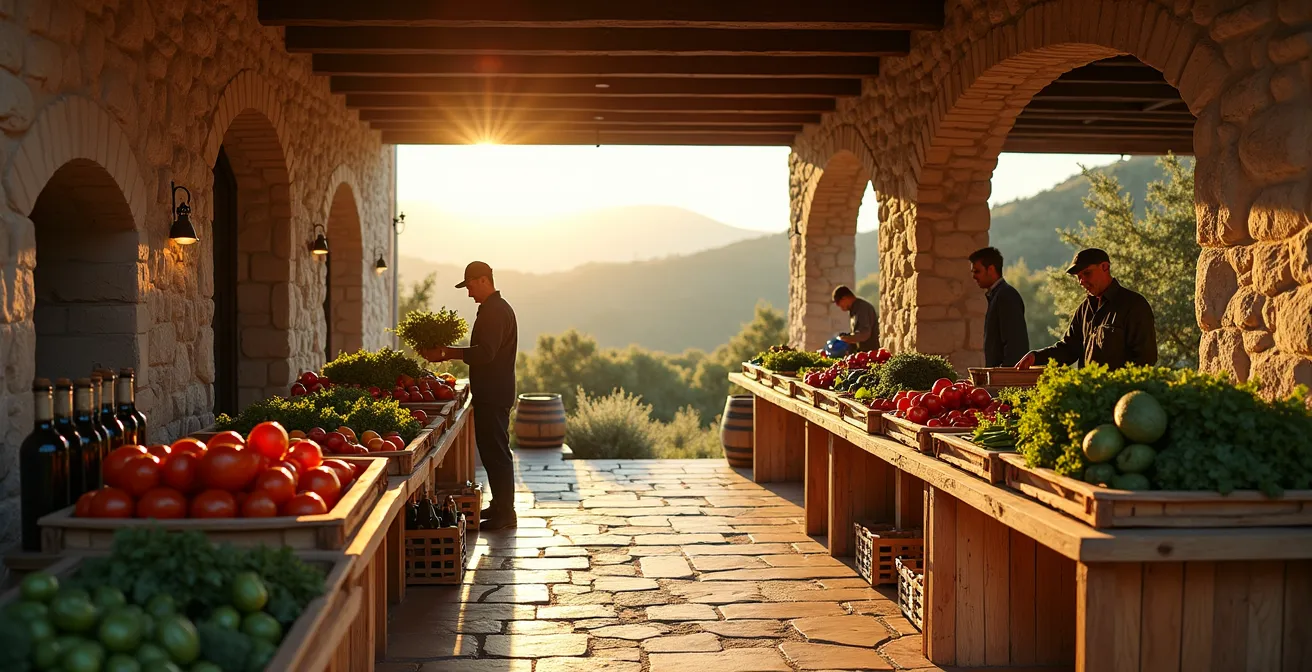 Vista minimalista de cooperativa agrícola rural con productos locales expuestos