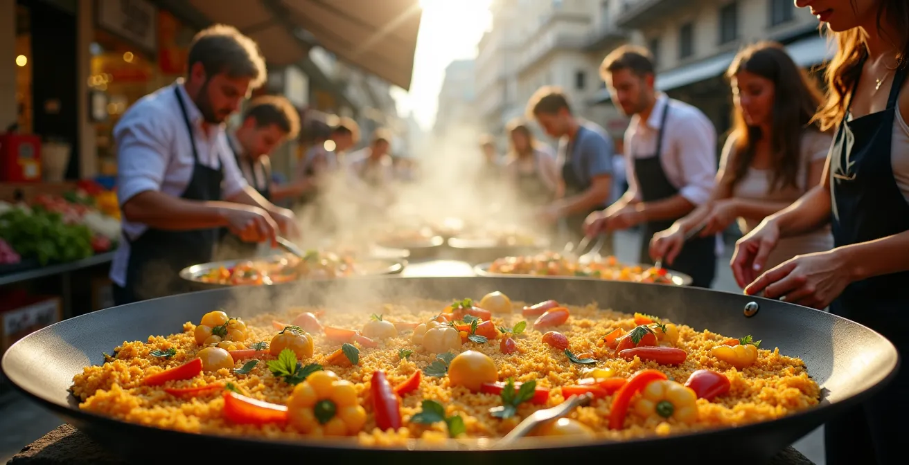 Grupo cocinando paella en mercado tradicional valenciano, ingredientes frescos y manos trabajando juntas