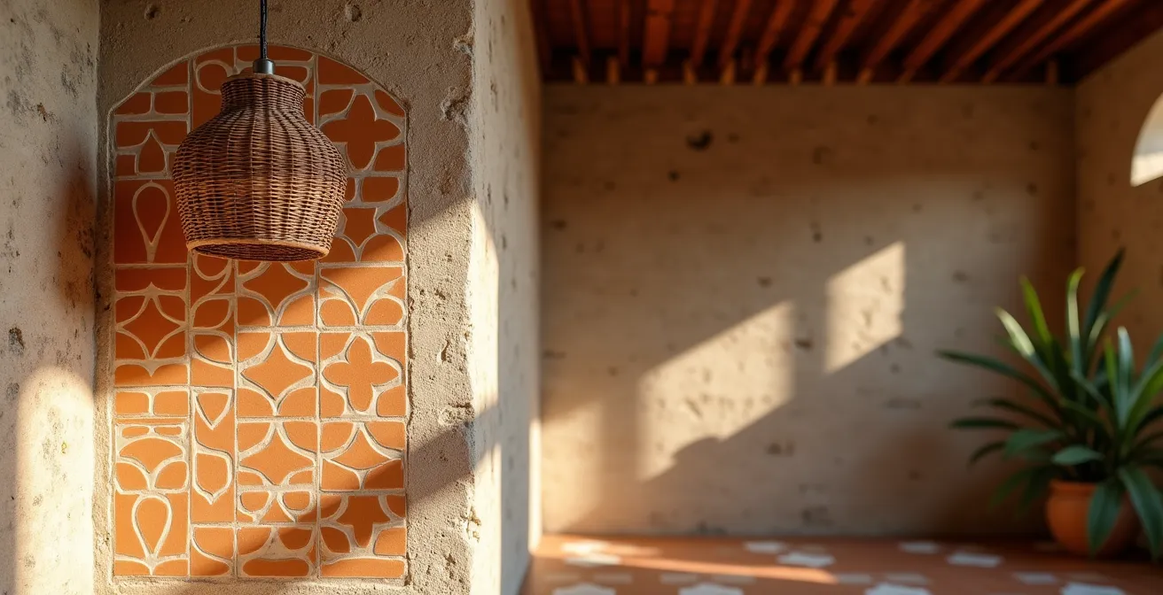 Detalle de pared con baldosa hidráulica original restaurada y lámpara artesanal