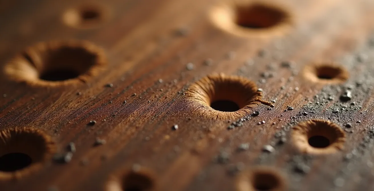 Detalle macro de orificios de carcoma en madera de nogal antiguo