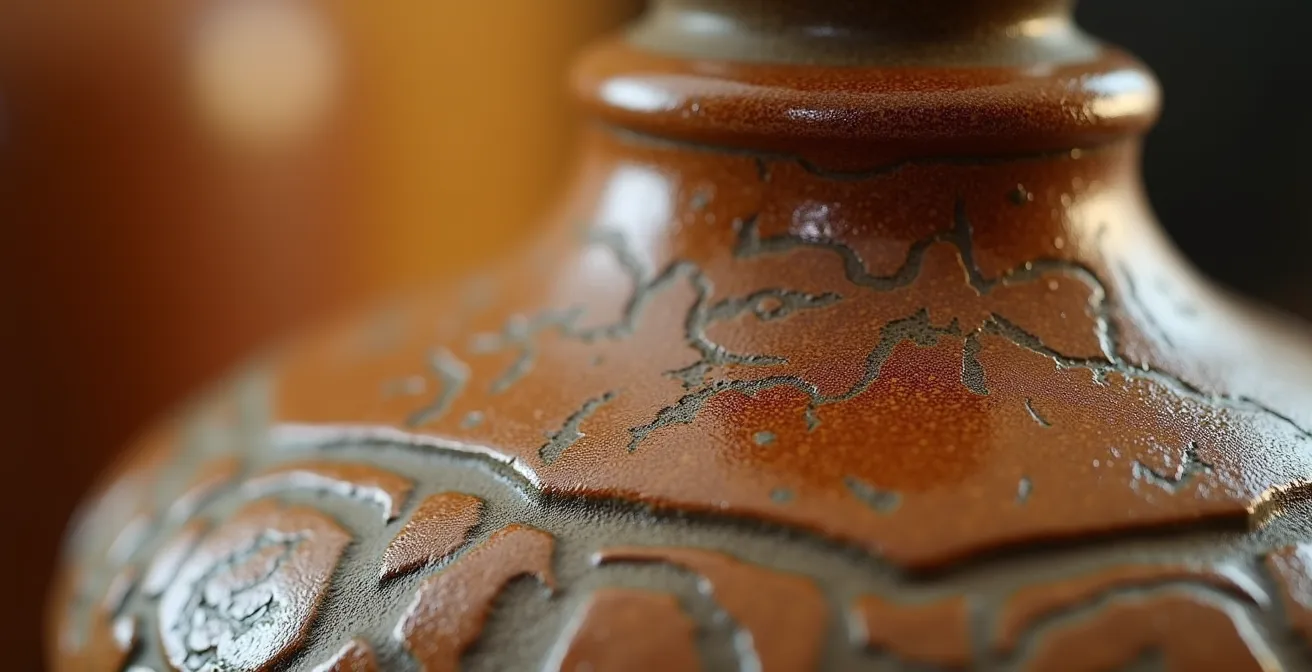Detalle macro de textura y esmalte en cerámica artesanal española