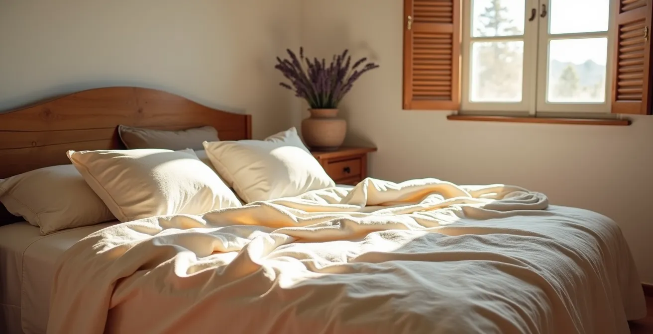 Dormitorio luminoso con sábanas de lino lavado en tonos naturales y luz mediterránea