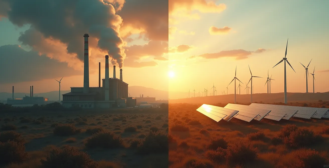 Comparación visual entre fábrica tradicional con emisiones y planta de energía renovable moderna en España