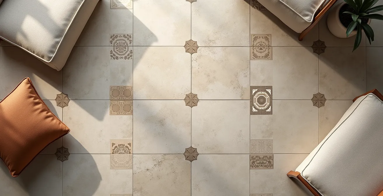 Composición armónica de baldosa hidráulica española con textiles siguiendo la regla 60-30-10